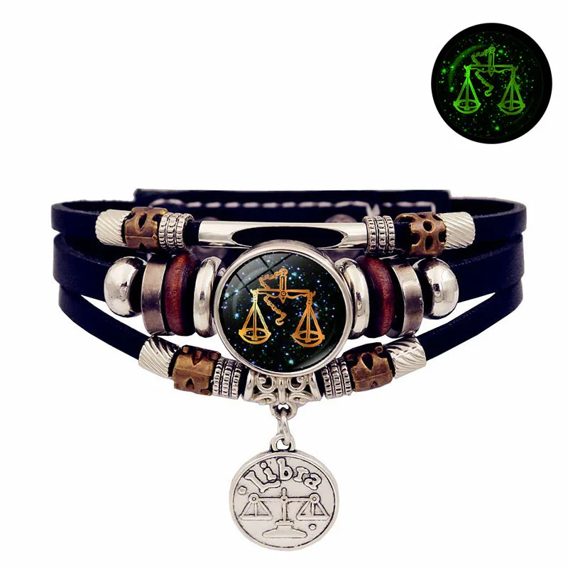 Adjustable Luminous Zodiac Sign Hand Bracelet Classic Punk Leather for Man and Woman Hip-Hop Style with Gift for Male Friends