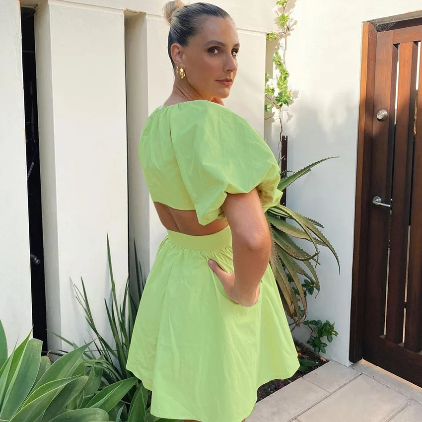 Wholesale 2021 Spring and Summer Fashion Casual Atmosphere Back Hollow Puff Sleeve Waist Puffy Green Female Short Dress