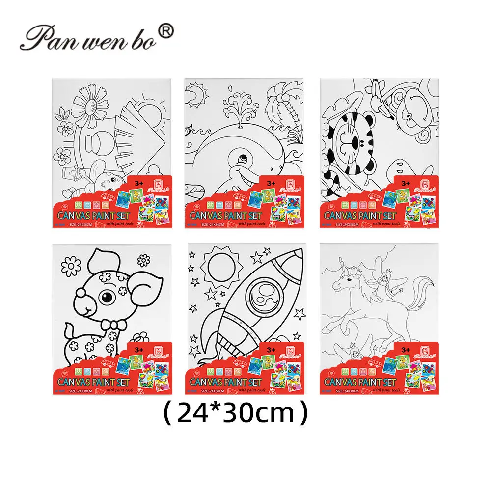 Panwenbo 24*30cm Pre Drawn Canvas to Paint With Brush Acrylic Print Diy for Kids