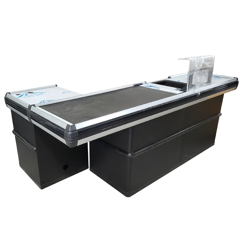 Supermarket cashier checkout counter table with  electric conveyor belt cashier desk