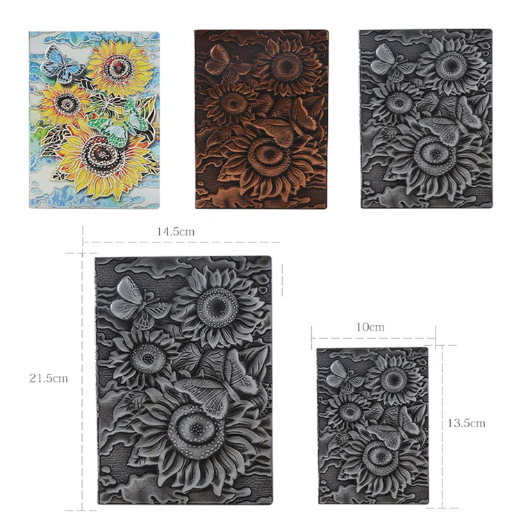 Antique A6 Pocket Mini Journal Diary, Sunflower Creative 3D Embossed PU Leather Notebook - Copper