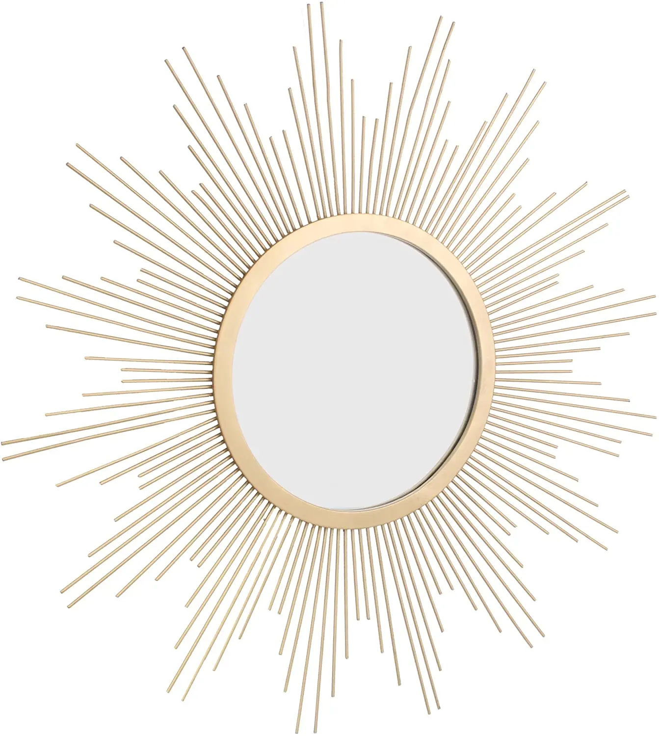 
Unique wire metal sunburst frame with an antique gold surface & a beveled glass mirror with crystal clear reflection 