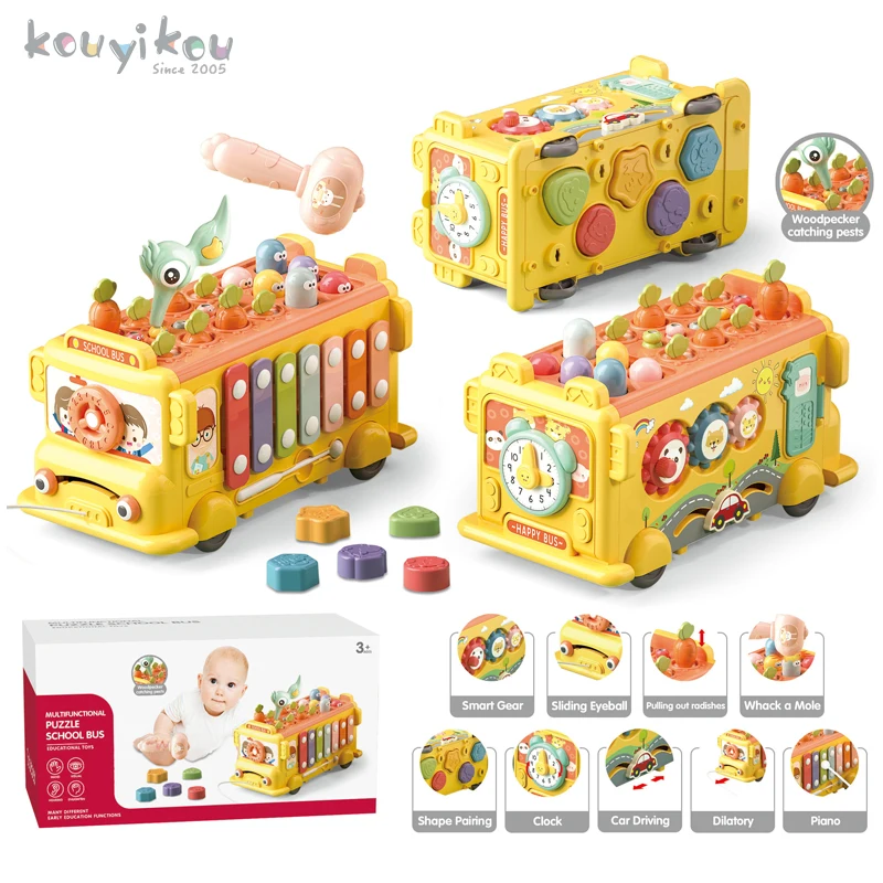 KYK multifunctional puzzle creative plastic shape match clock gear whack a mole game baby montessori yellow school bus toy