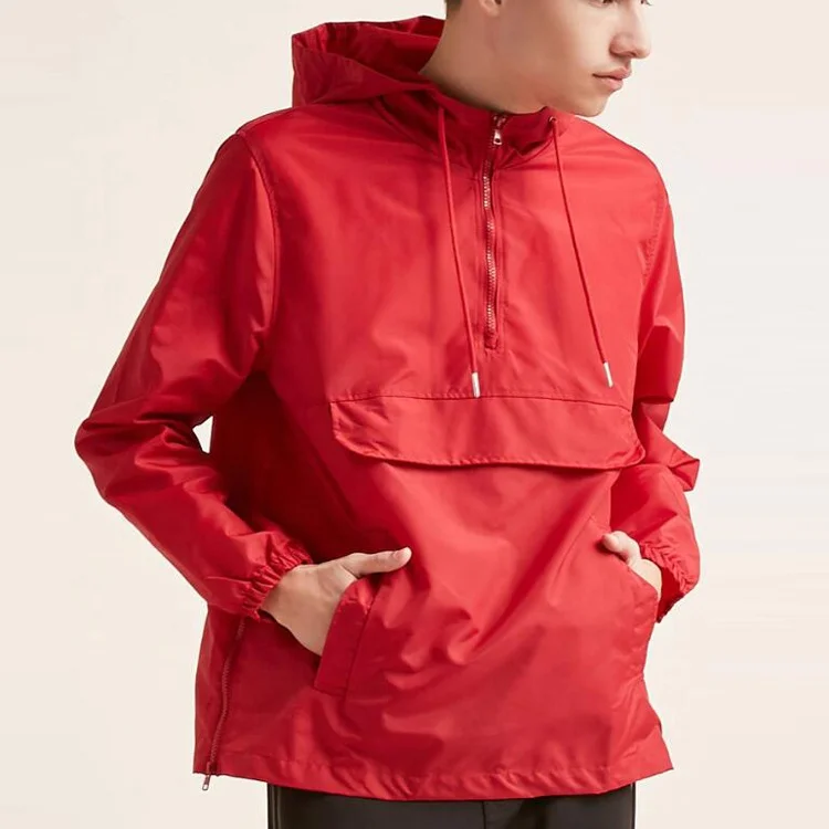 
custom pullover windbreaker men nylon half zip anorak jacket with front flap pocket drawstring hood with mesh lining 