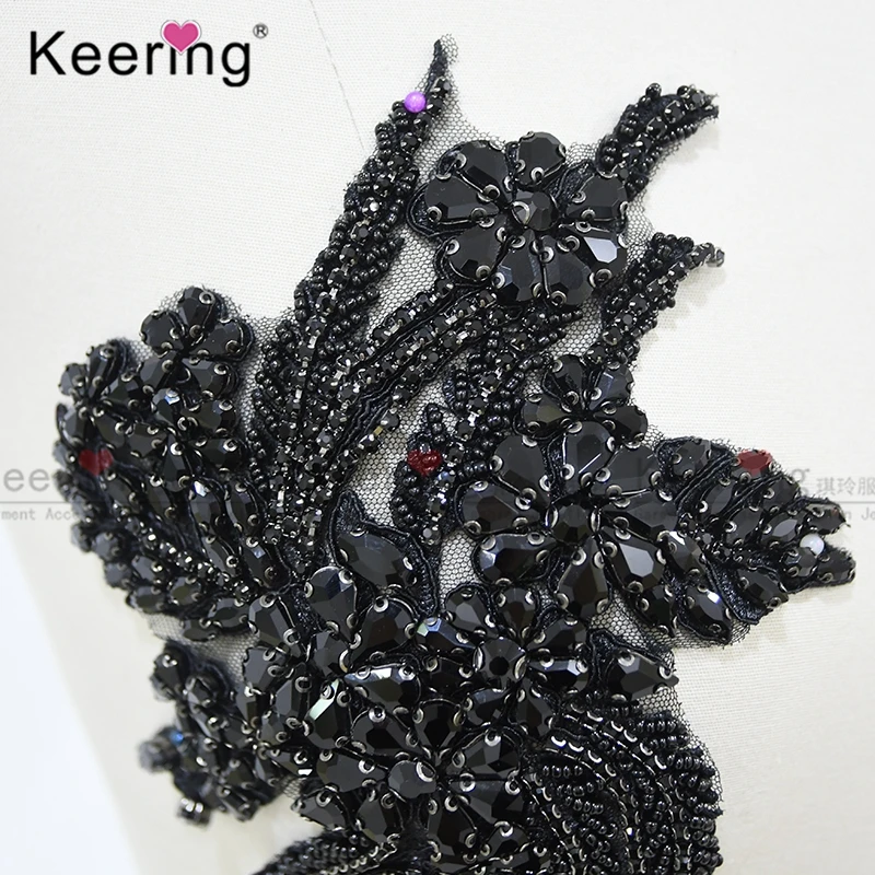 WDP-296 Very High End Lace Popular Jet Black Crystal Bodice Diamond 3D Flower Applique