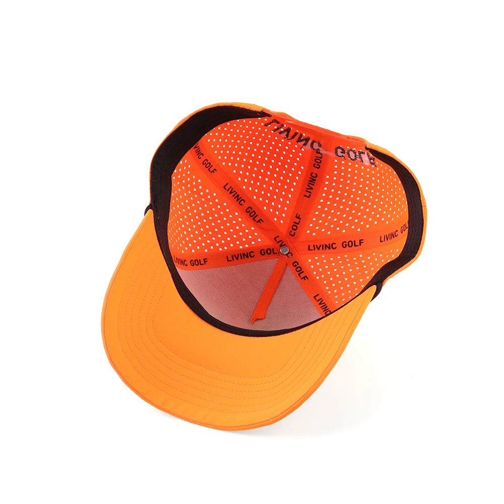 Custom Embossed PVC Logo 5 Panel Laser Cut Hole Perforated Performance Hat Waterproof Sport Baseball Cap Rope Quick Dry Golf Hat