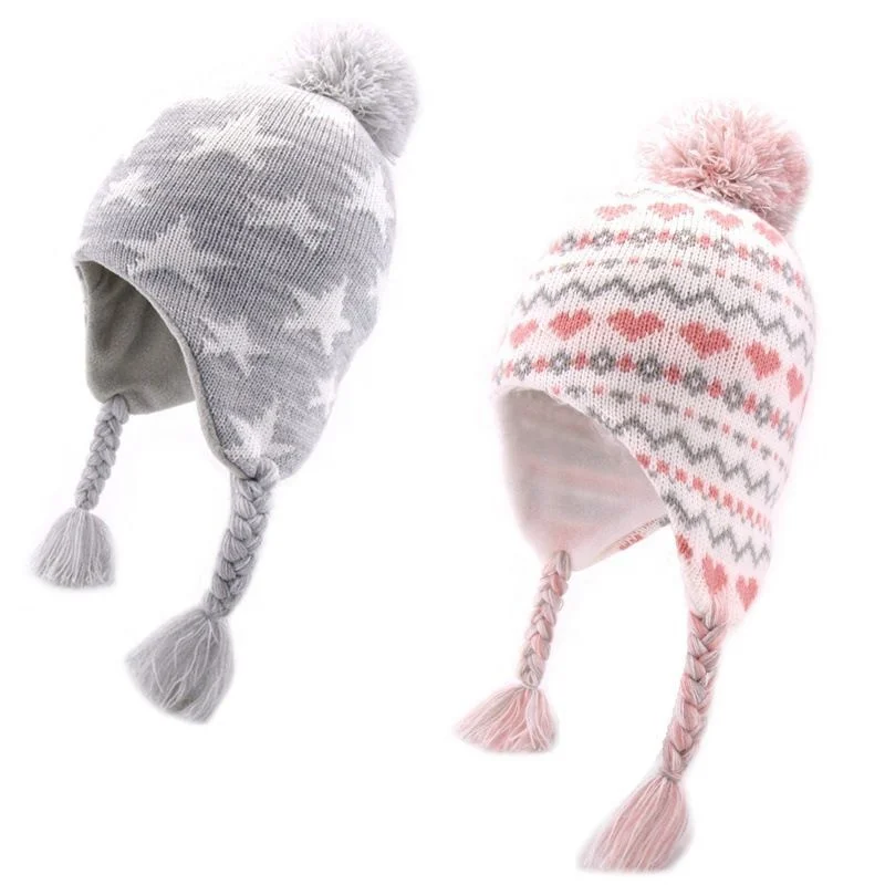 Ear Muff Acrylic Winter Beanie Cheap Children Earflap Beanie Hat Fleece Lined  Jacquard Custom Kids Knitted  Beanie with Earflap