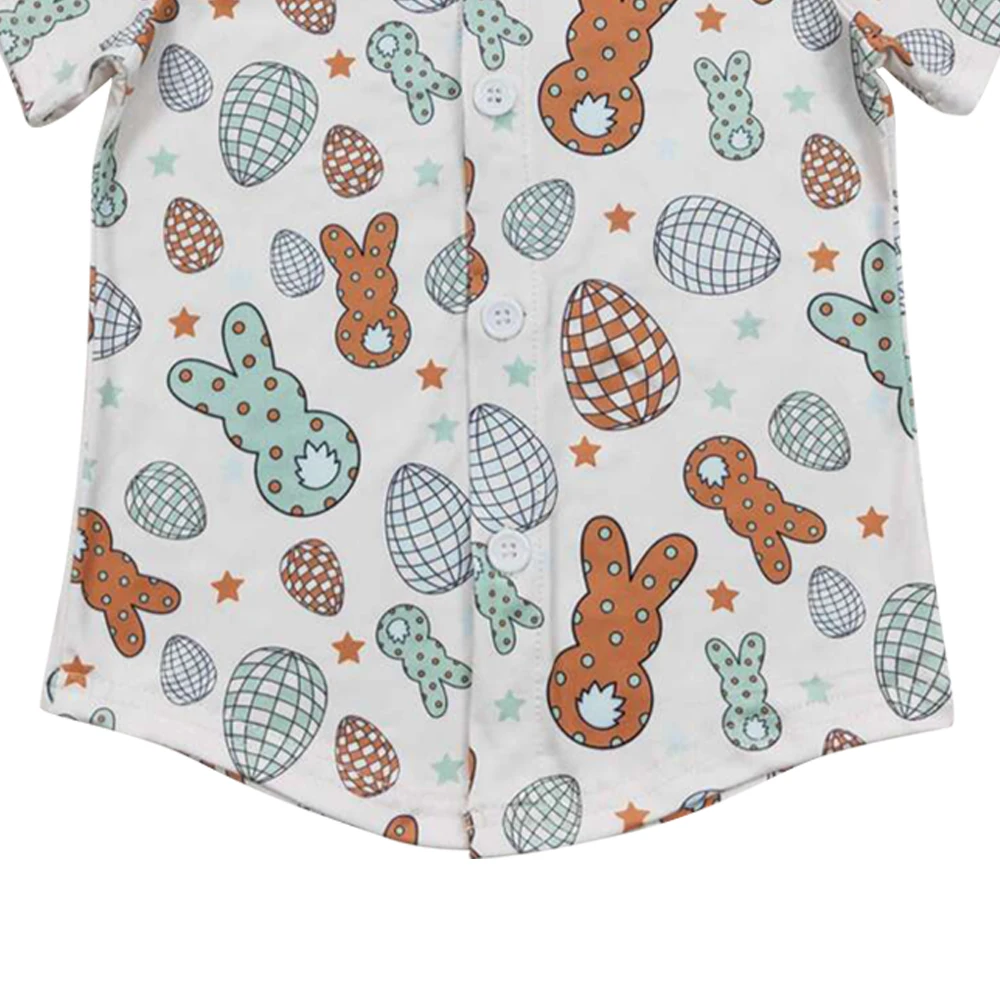 Easter pullover white short sleeves bunny eggs print button down wholesale boys pullover boutique low price ready to ship no moq