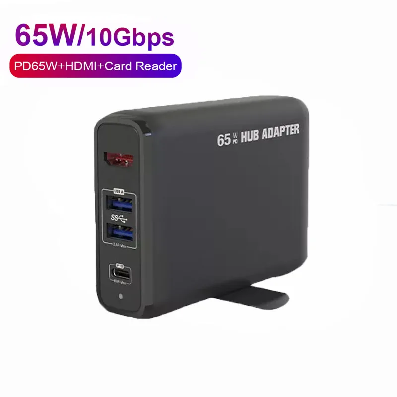 GaN 65W PD Quick Charger 5-in-1 USB-A 3.0 HUB Adapter with 4K HDMI Port and SD TF Card Reader for Mobile Phone
