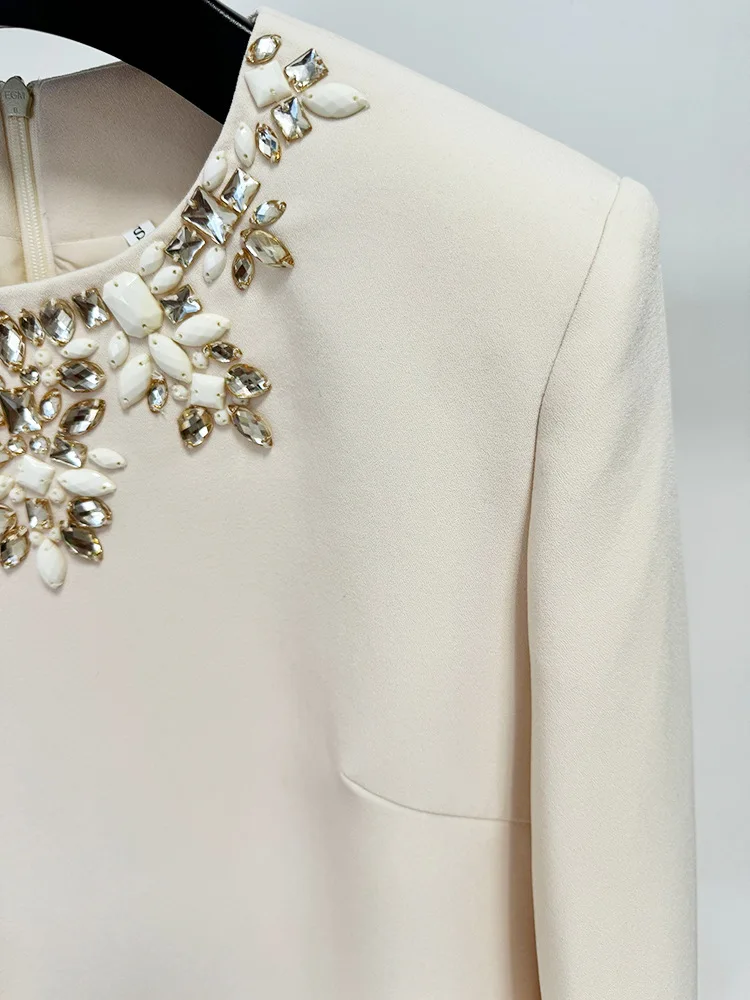 2022 spring new arrivals fashion elegant high waist mini dress round collar nail beaded diamond long sleeveless dress for women