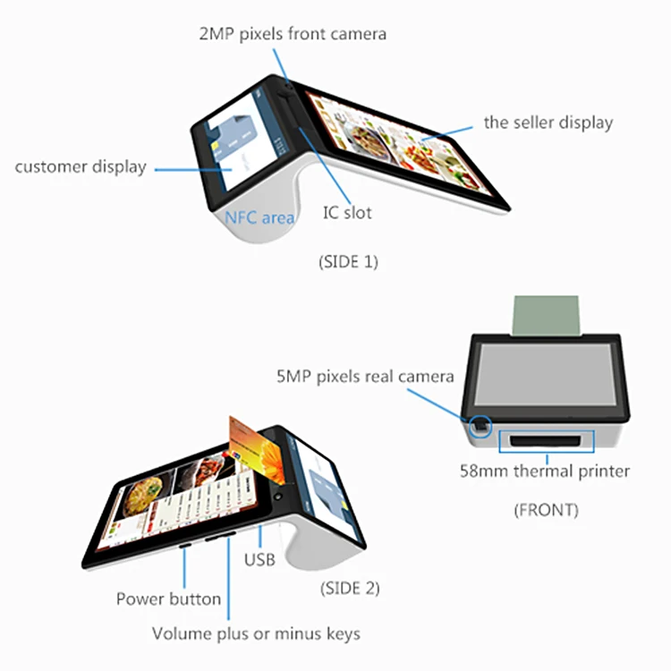 7 inch Double Screen E-Pos Systems EU Standard Impressora Pos Payment Terminal Android For Store
