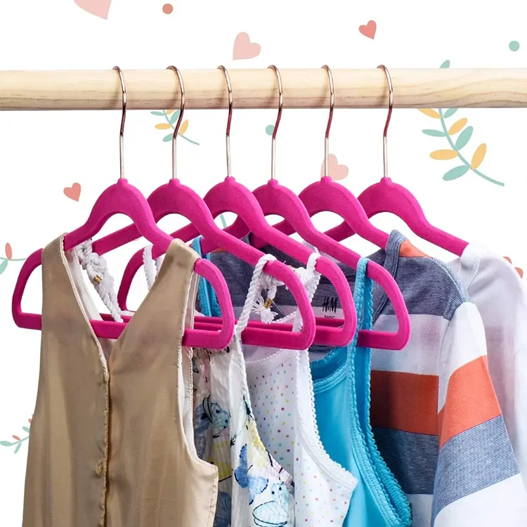 Light Weight Non Slip Rose Gold Hook Children Kids Baby Clothes Hot Pink Velvet Hanger