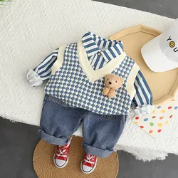 Boys spring and autumn suits hanging bear sweater with vest suit jeans three-piece suit