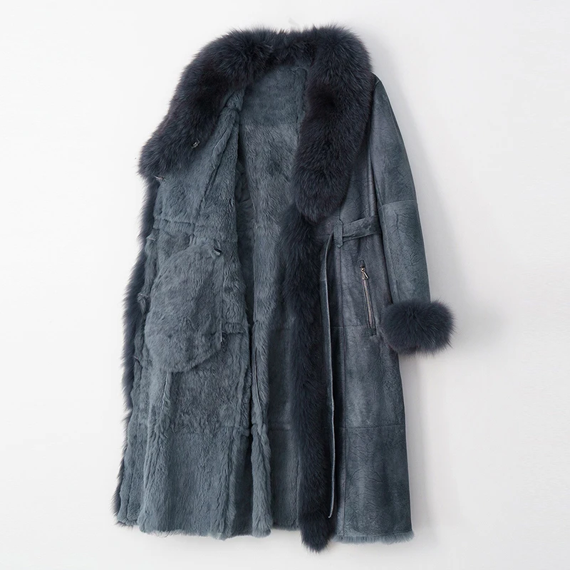 Fashion Luxury Big Real Fox Fur Collar Waist Belt Long Style Genuine Rabbit Skin Double Face Leather Coat With Fur For Ladies