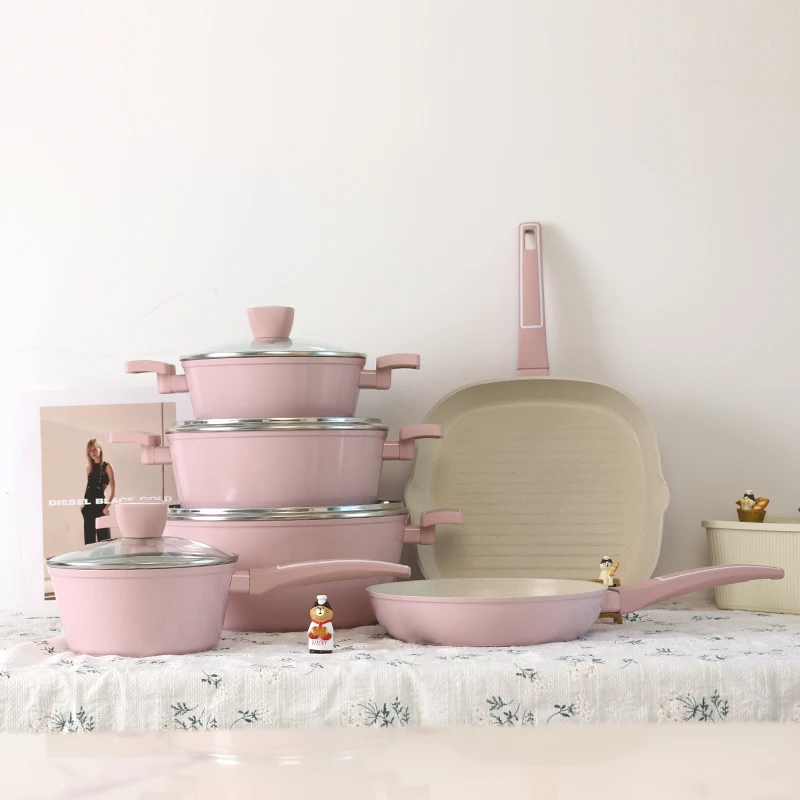 New Fashion Forged Cookware Sets Granite Pink Eco-Friendly Aluminium Marble Non Stick Coating Cookware Set