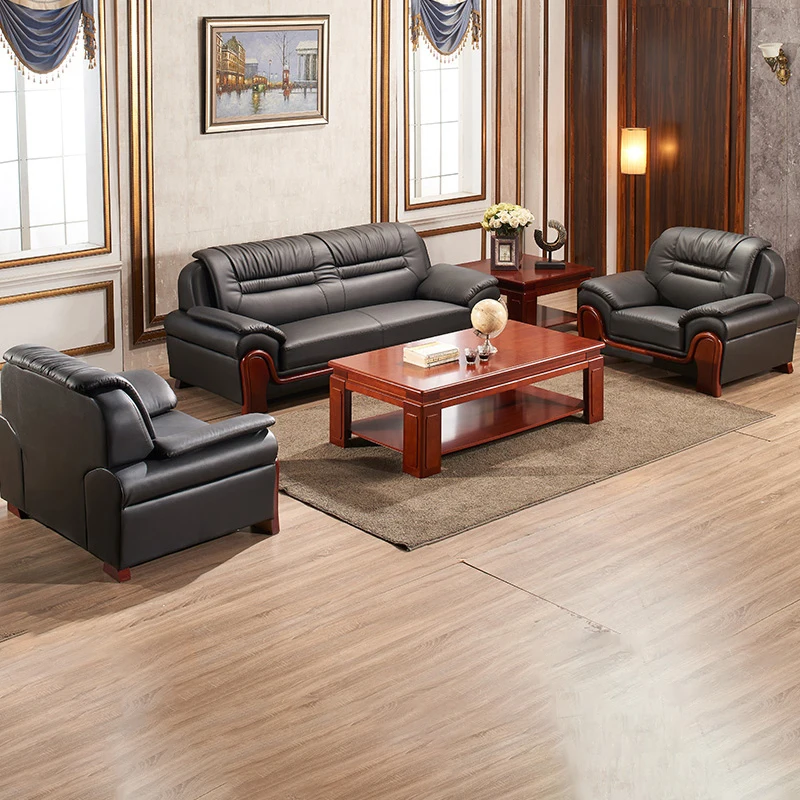 Chinese Style Single and Three Seat Leather Chesterfield Sofa Home Office Tea Table and Reception Sofa