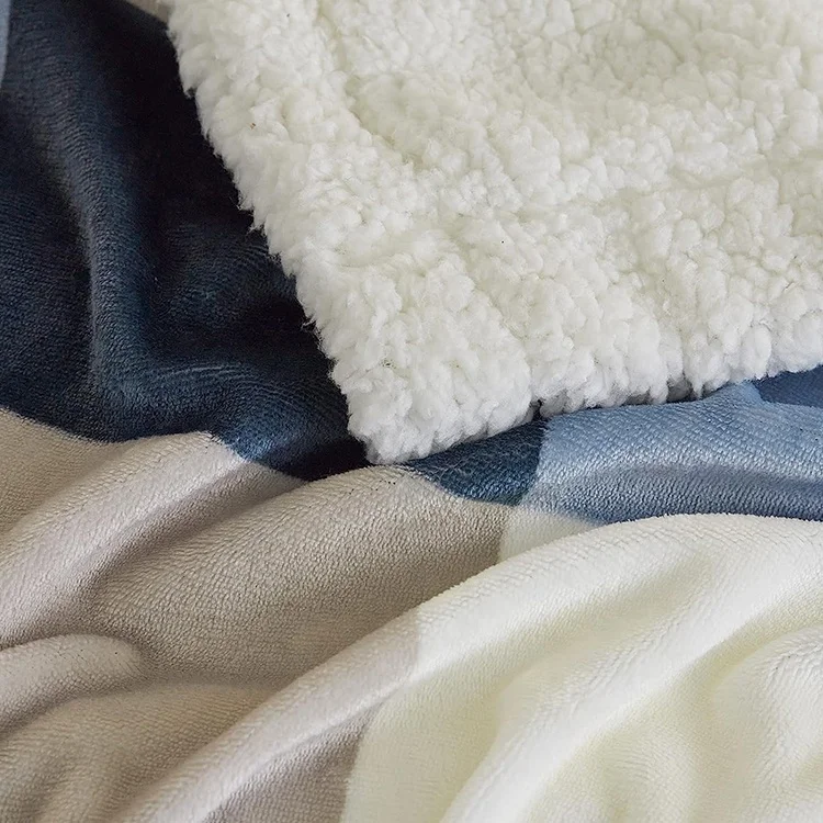 Wholesale double layer custom plaid print flannel sherpa fleece throw blanket