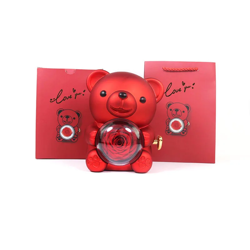 Rotating Hug Bear Rose Jewelry Box Acrylic Plastic Soap Flower Gift Box for Ring and Necklace Storage and Presentation
