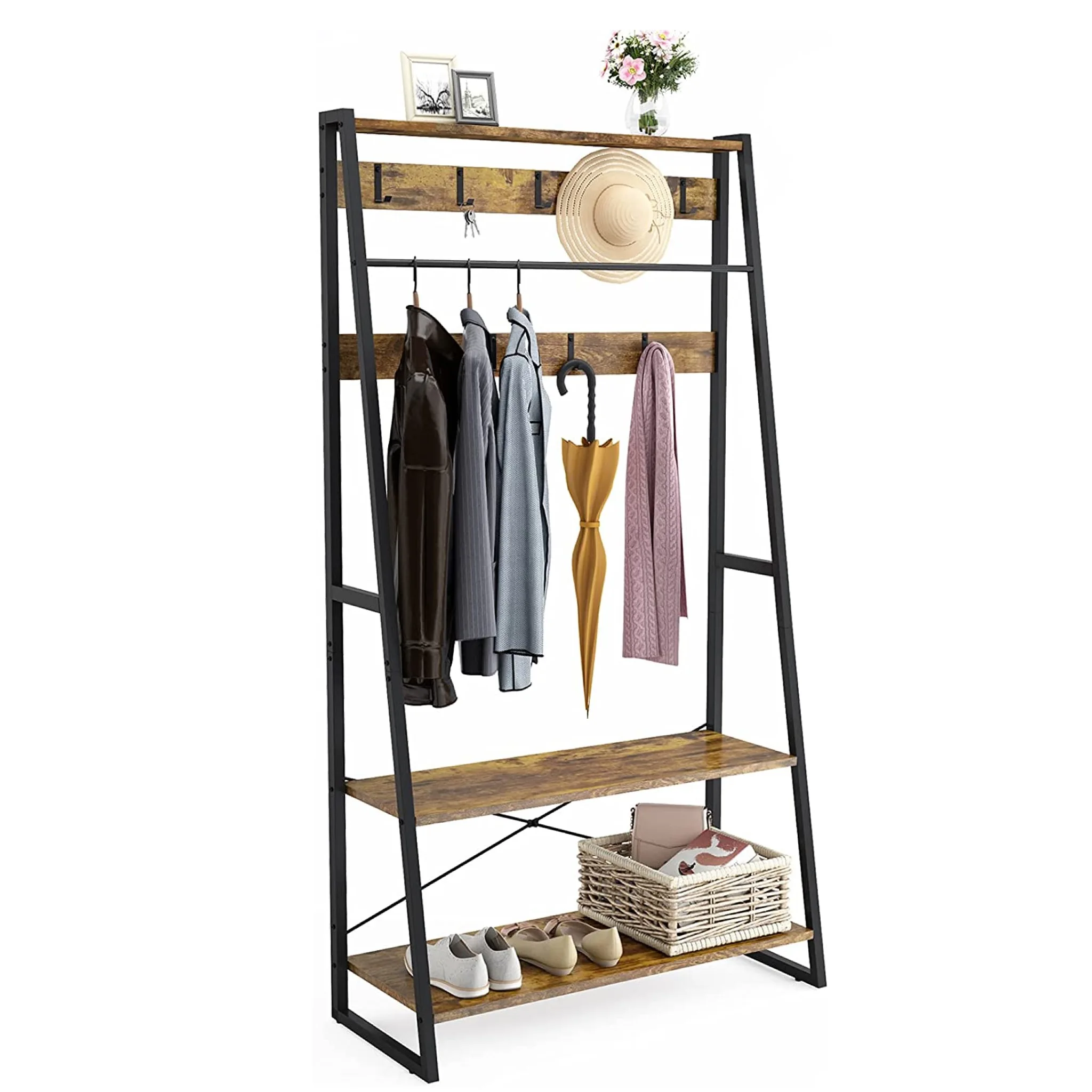 Hall Tree with Storage Bench Industrial Entryway Coat Racks Organizer Shelf Rustic Brown Standing Living Room Furniture