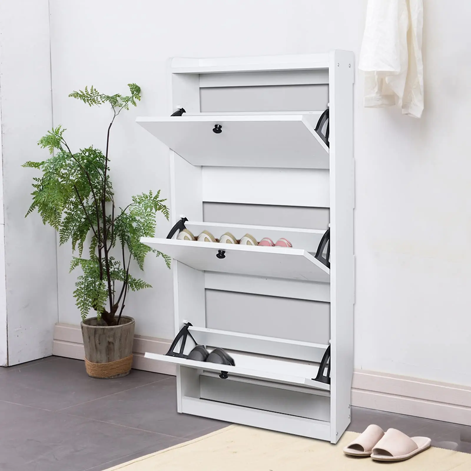 Modern Shoe Storage Cabinet with Drawers & Shelf Freestanding Tipping Bucket White Shoe Cabinet Organizer for Entryway