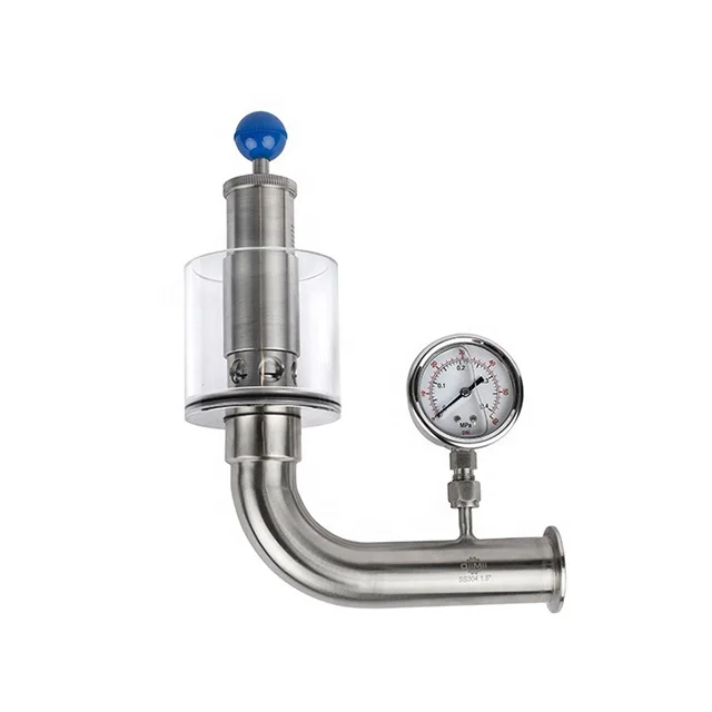 1.5inch 38.1mm Stainless Steel Hygienic Sanitary  L Type Thread Air Relief Valve with 0 to 2.2bar Pressure Gauge