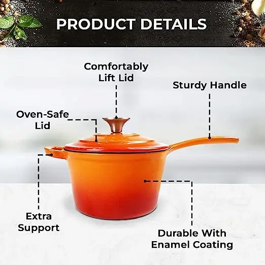 Enamel cast iron non stick sauce pan soup milk kitchen cookware cooking pot saucepan with lid