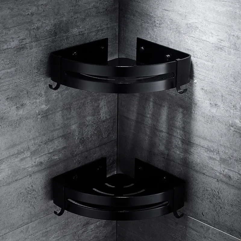 Aluminum Rustproof Shower Corner Caddy No Drilling Adhesive Black Bathroom Basket Shelf with Hooks