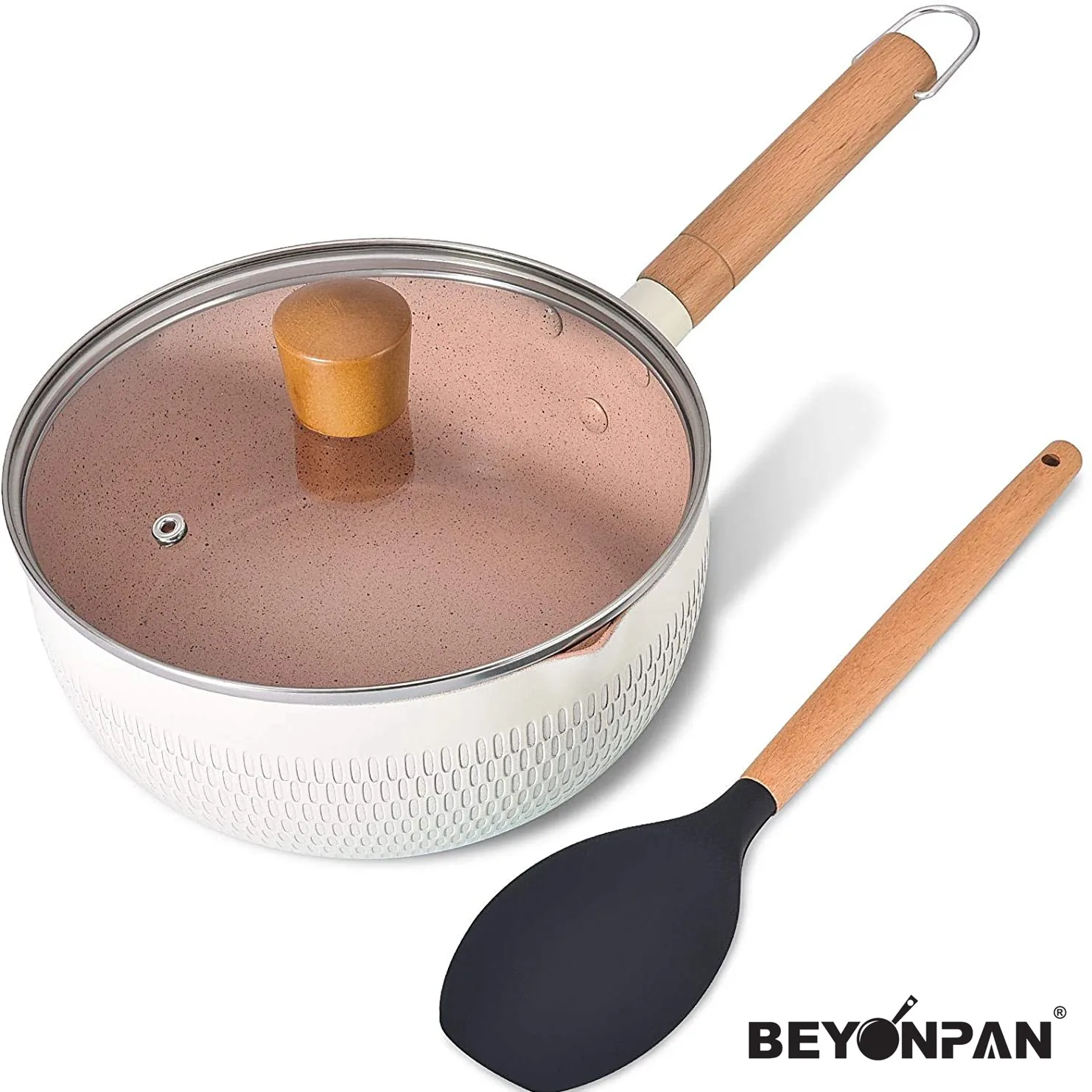 Nonstick Saucepan with Lid Multi-function Sauce Pan with Pour Spouts, Soup Pot for Stew Dish, Ergonomic Wooden Handle