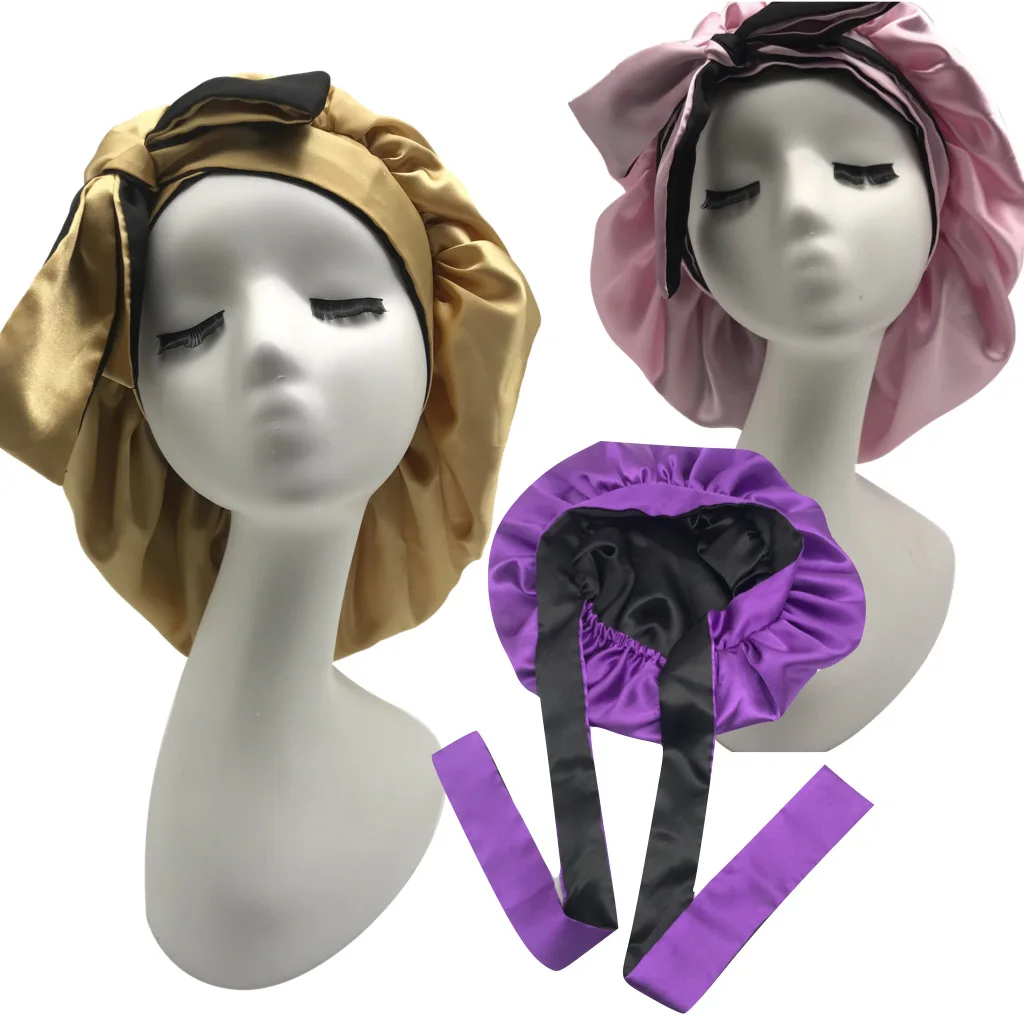 Wholesale private logo headband ties wrapping satin bonnet double layer reversible designer hair bonnets with long ties (1600193245307)