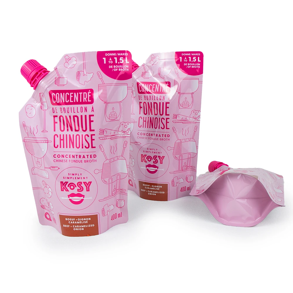 Wholesale Eco Friendly Stand Up Waterproof Bottom Aluminum Foil Juice Drink Plastic Pink Spout Pouch Liquid Storage Bag