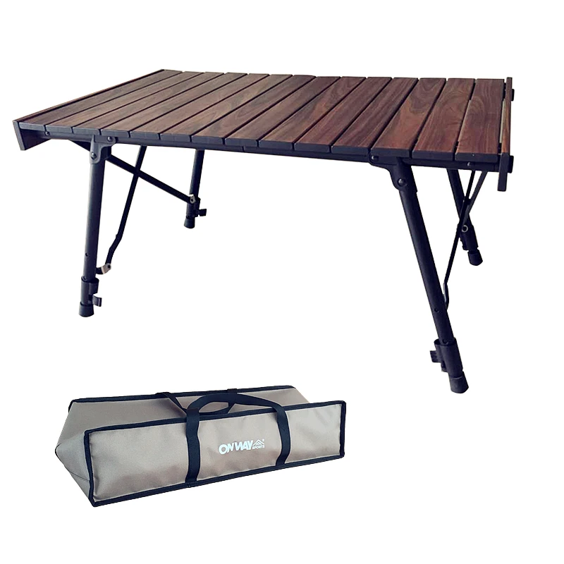 Onwaysports Outdoor Aluminium Folding Roll Wooden Grain Camping Adjustable Heights Table