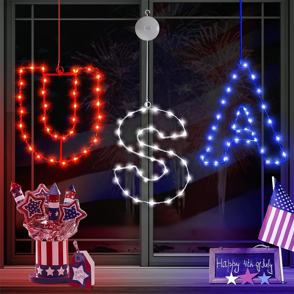 4th of July Window Lights Decorations Red White and Blue USA Memorial Day Patriotic Holiday Indoor Outdoor Decor