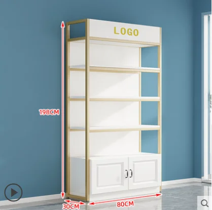 Gold And White Shelf Display Supermarket Rack Customized Showcase With Cabinet