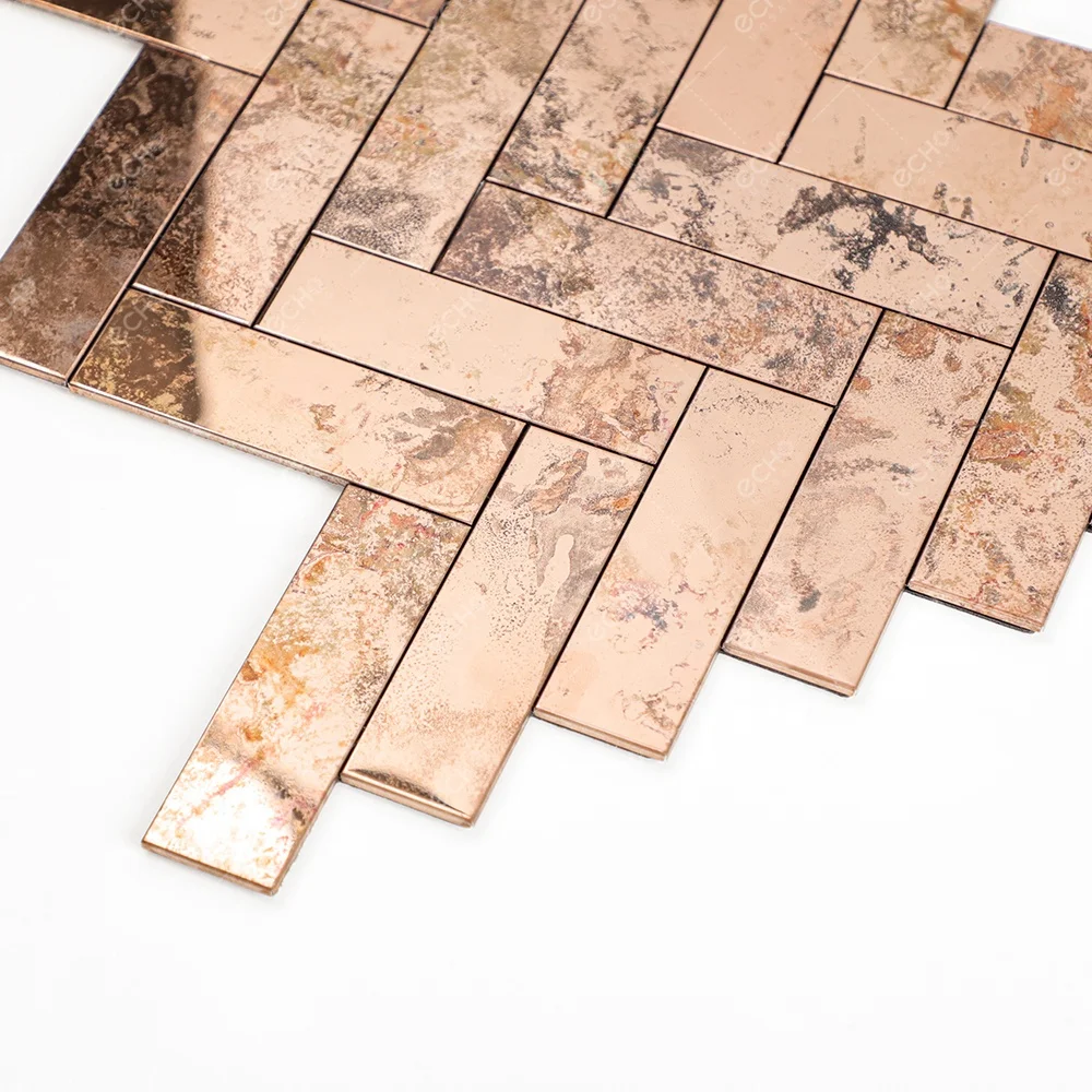 Herringbone Distressed Metal Aged Rust Copper Stainless Steel Peel and Stick Mosaic Tiles