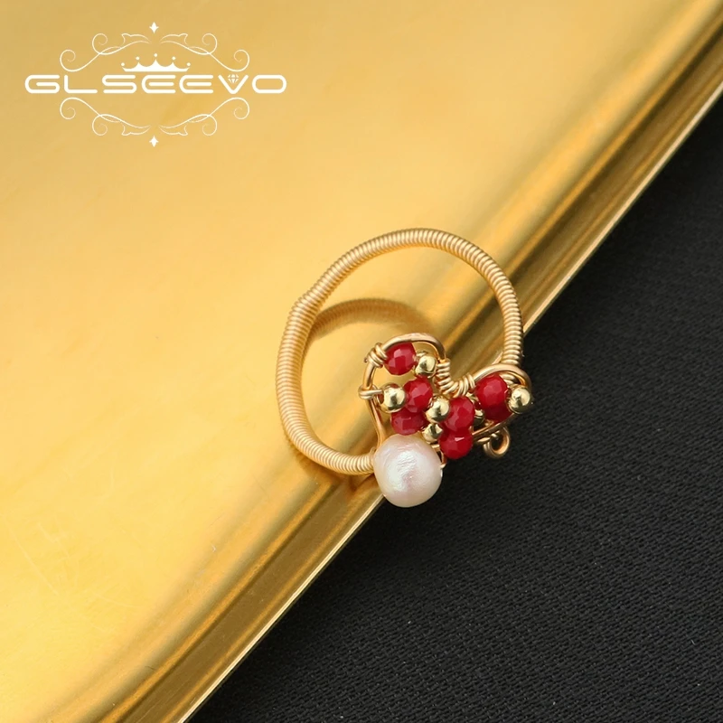 Natural Freshwater Pearl Love Adjustable Red Glass Ring   Wire Wrapped  Gifts for Girlfriend Couple Gold Plated Ring Jewelry