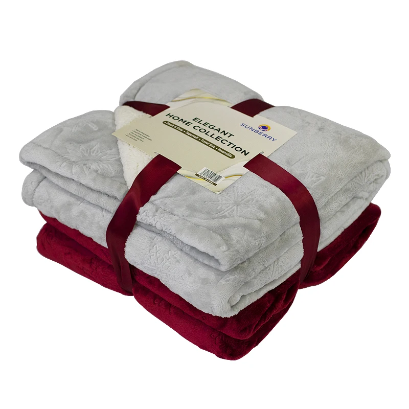 2 Ply Flannel with Sherpa Blanket, 3D Snowflake Embossed Grey 100% Polyester Flannel Fleece Blankets