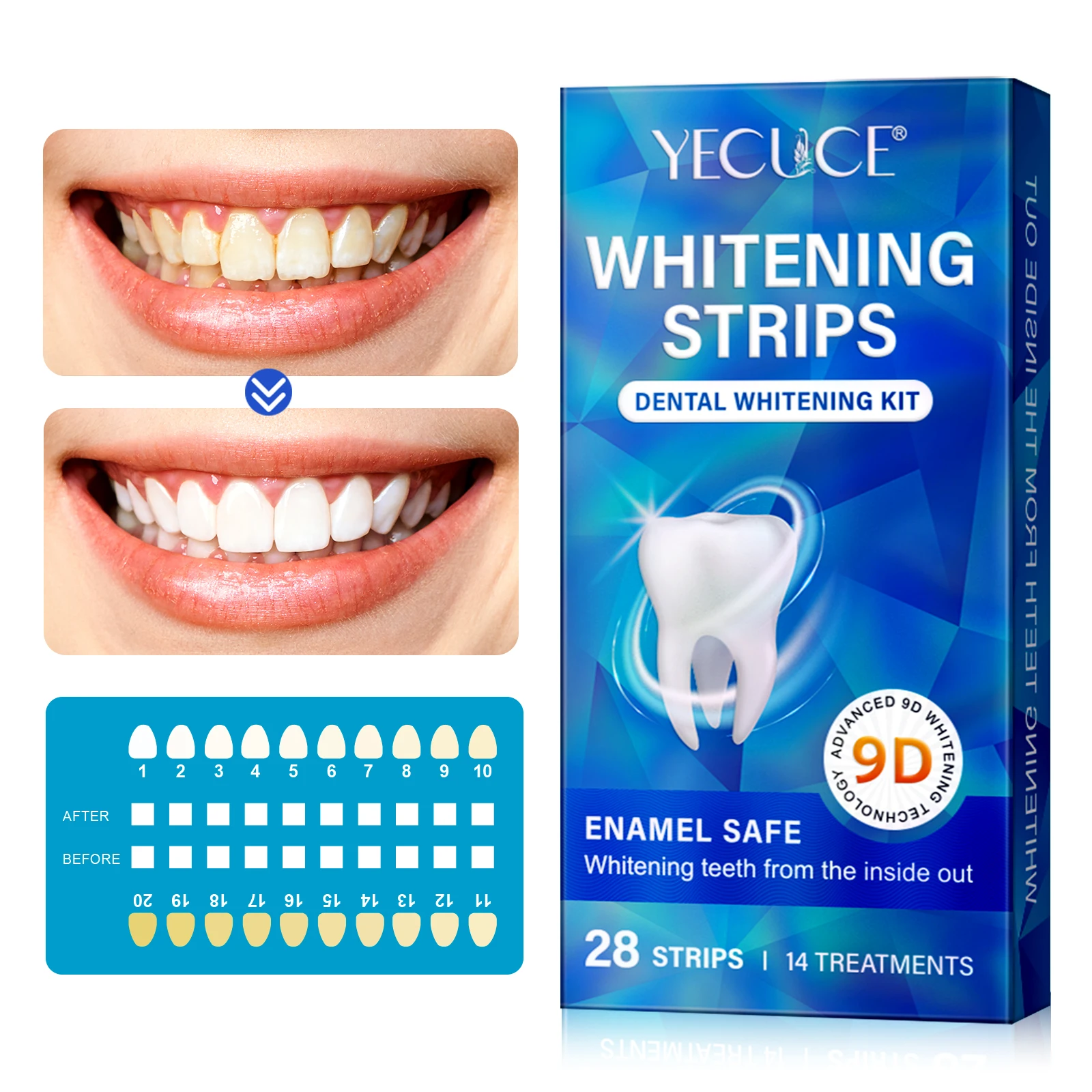 YECUCE Private Label 9D Whitening Technology Tooth Bright Dental Teeth Whitening Strips White Strips Teeth Whitening