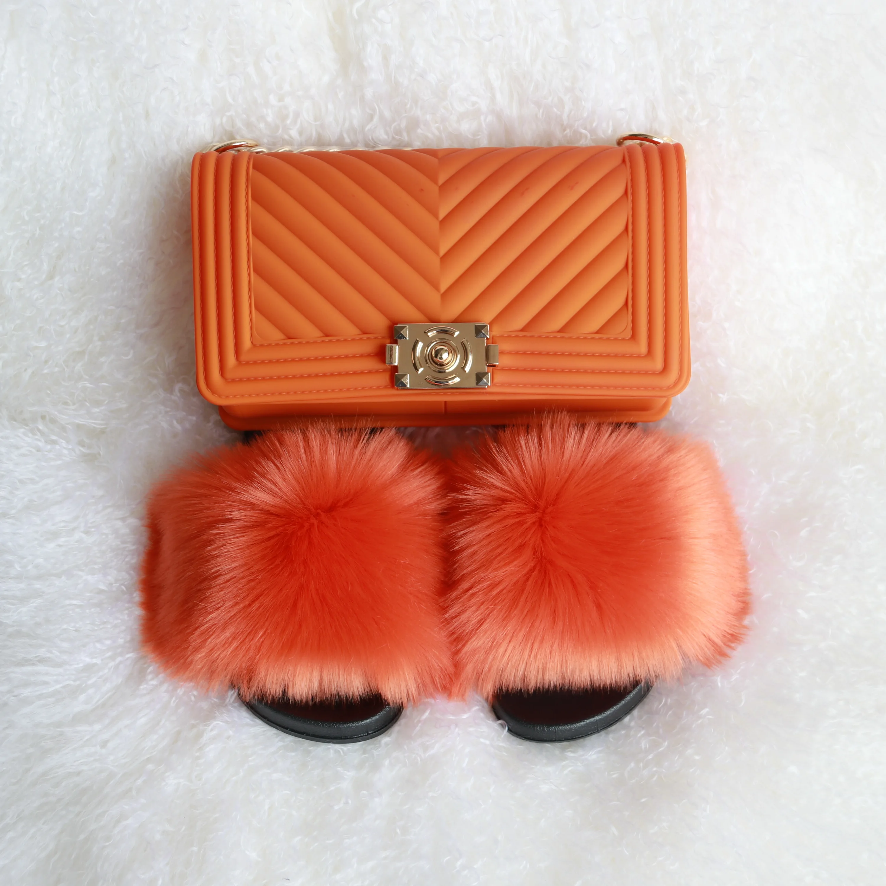 PVC sole faux fur slippers jelly purse fashion women ladies shoe and bag set