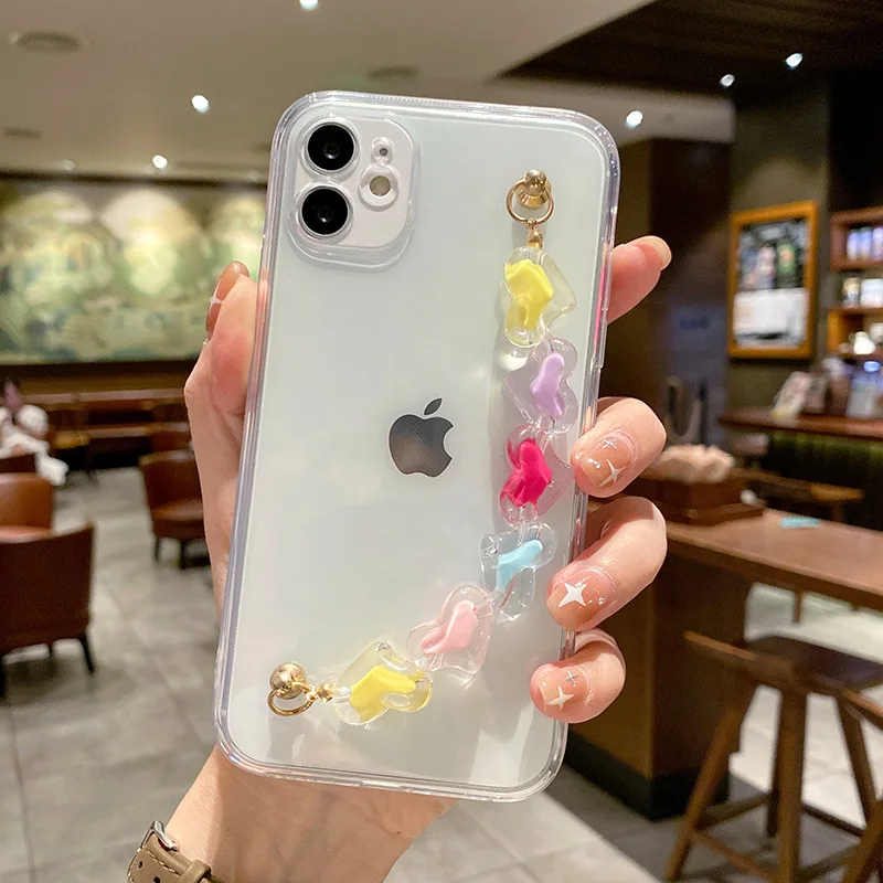 Korea Cute Love Heart Stars Bracelet Wrist Chain Clear Soft phone Case for iphone x xr xs 11 12 13