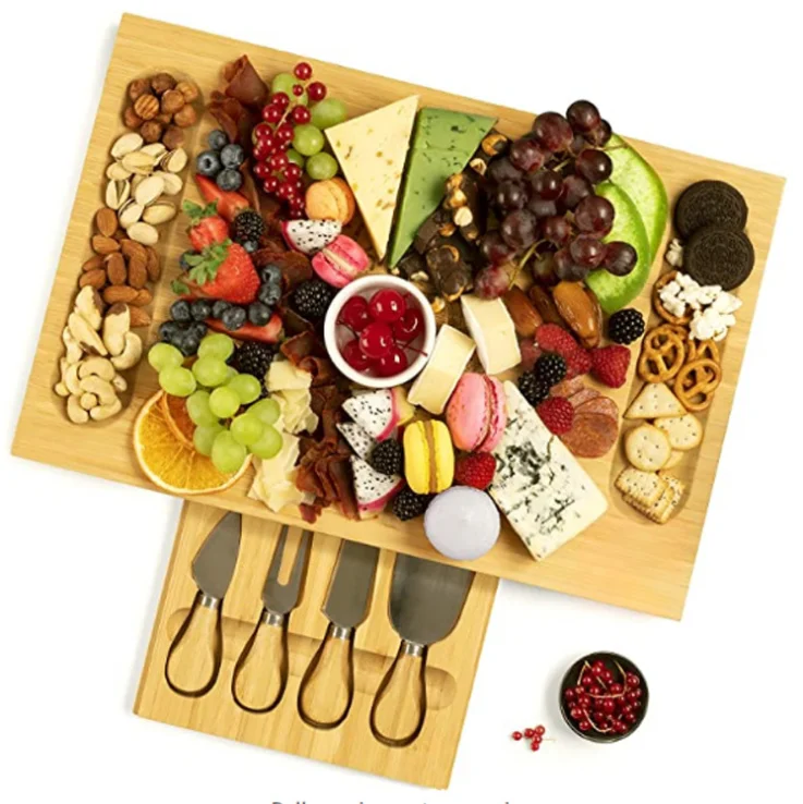 Unique Bamboo Cheese Board, Charcuterie Platter & Serving Tray Including 4 Stainless Steel Knife & Thick Wooden Server