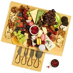 Unique Bamboo Cheese Board, Charcuterie Platter & Serving Tray Including 4 Stainless Steel Knife & Thick Wooden Server