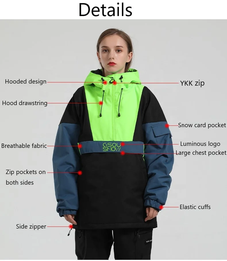 Custom Fashion Men Women Winter Windproof Waterproof Snowboard Ski Suit Snow Wear Jacket with Hoodie