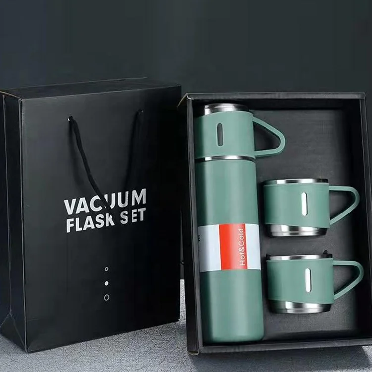 UK vacuum insulated wide mouth bottle flask vacuum bottle  with 3 cups gift set travel flask and teacup set