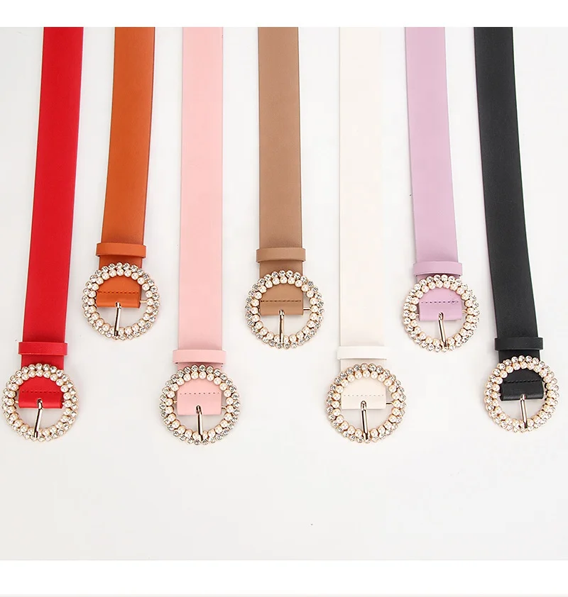 Alloy Diamond Pearls Buckle Belts for Women PU Leather Waist Belts Ladies Waistband for Dress