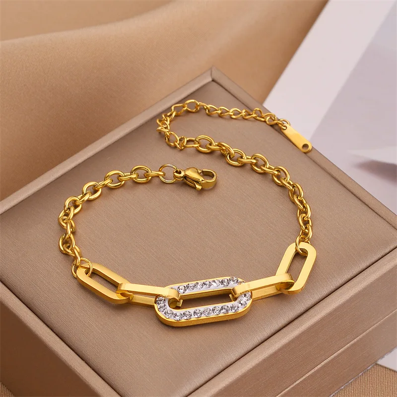 High Quality Stainless Steel Chain Bracelet Crystal Diamond Link Chain Luxury Bracelets Women Fashion Charm Jewelry