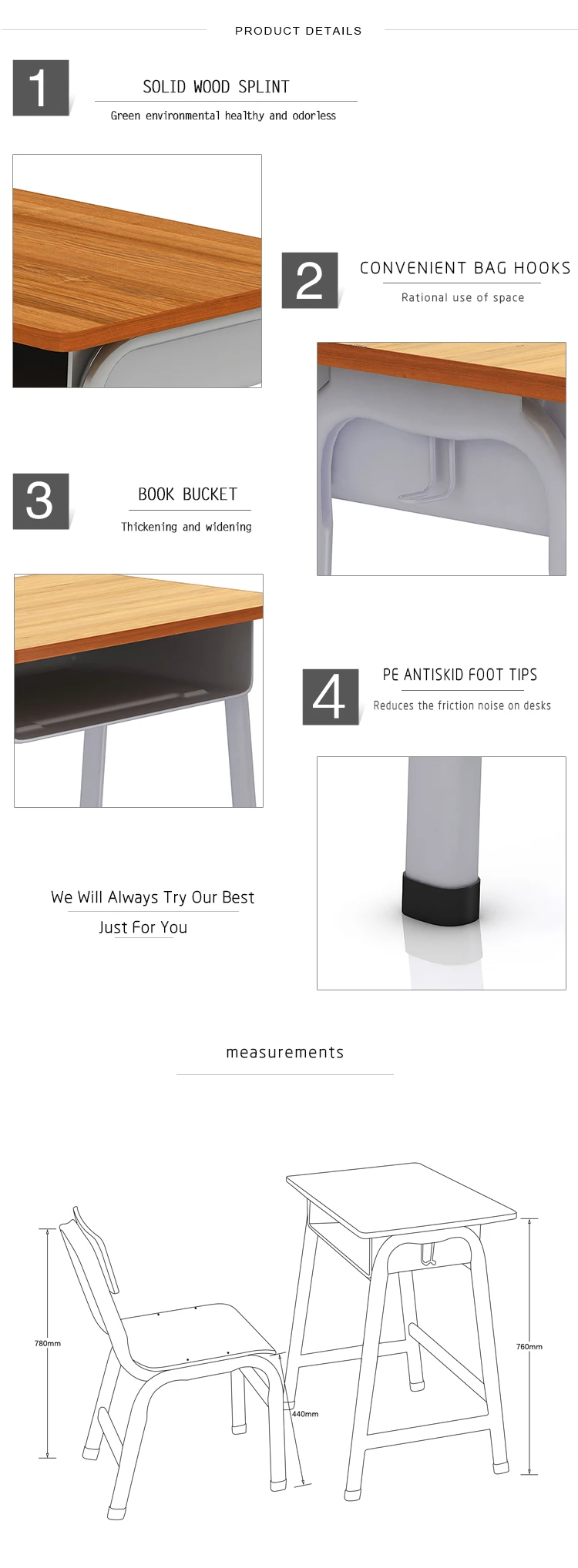 Classical Design Single Desk and Chair School Furniture High Quality Plywood Practical for Classroom