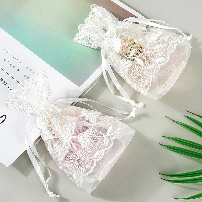 10x14cm Custom High Quality Organza Lace Bags White Foldable Jewelry Organizer Packaging Drawstring Gift Storage Bag Pouches