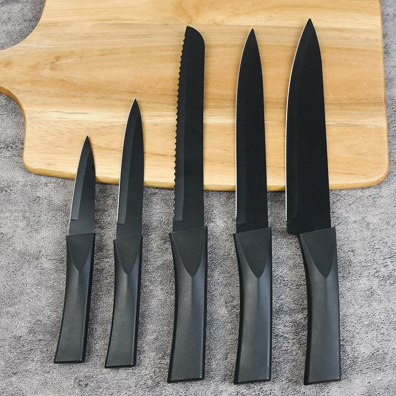Новый дизайн, кухонные ножи из нержавеющей стали, черные лезвия с антипригарным покрытием, пилинг, резьба по хлебу, набор кухонных ножей шеф-повара