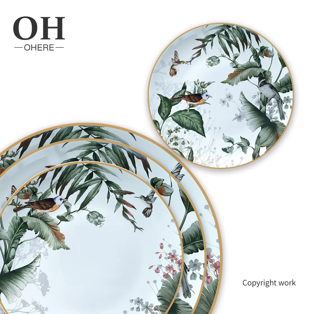 Ohere Latest customized green fine Bone China dinner Set wedding lovely bird ceramic tableware sets used restaurant plates