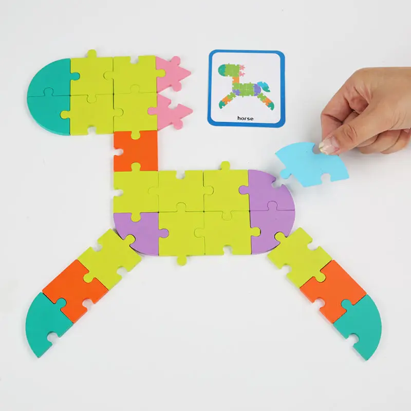 Wooden Pattern Blocks Shape Matching Game Diy Jigsaw Puzzle 3d Wooden Animal Puzzle With Cards Educational Toys For Children